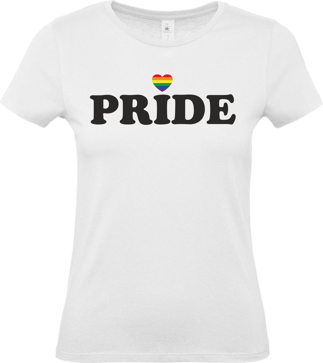 Dames t-shirt Pride met hartje | Regenboog vlag | Gay pride kleding | Pride shirt | Wit | maat XL